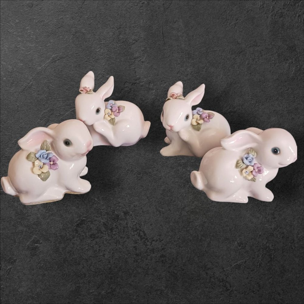 Burton & Burton Set Of 4 Porcelain Easter BunnIies Figurines With Pastel Floral